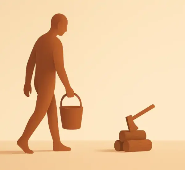 Ilustración conceptual minimalista de una figura humana anónima, vista de perfil, caminando mientras sostiene un cubo con una mano, sobre un fondo liso en tonos terrosos y luz suave; una escena simbólica y atemporal que evoca proceso, repetición y atención plena.