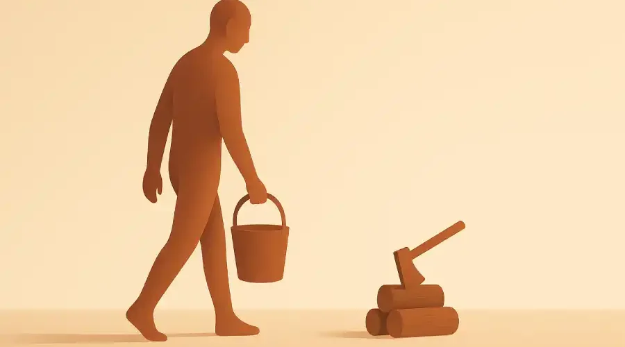 Ilustración conceptual minimalista de una figura humana anónima, vista de perfil, caminando mientras sostiene un cubo con una mano, sobre un fondo liso en tonos terrosos y luz suave; una escena simbólica y atemporal que evoca proceso, repetición y atención plena.