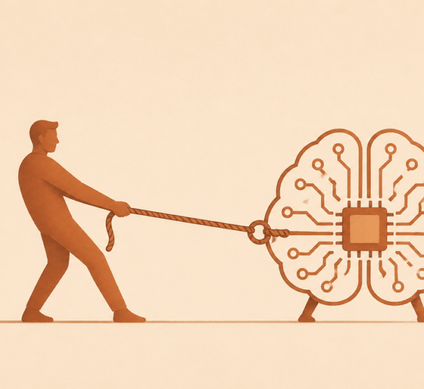 Ilustración minimalista en tonos beige y terracota de una persona tirando con una cuerda de un cerebro tecnológico con forma de circuito, simbolizando el trabajo con inteligencia artificial.