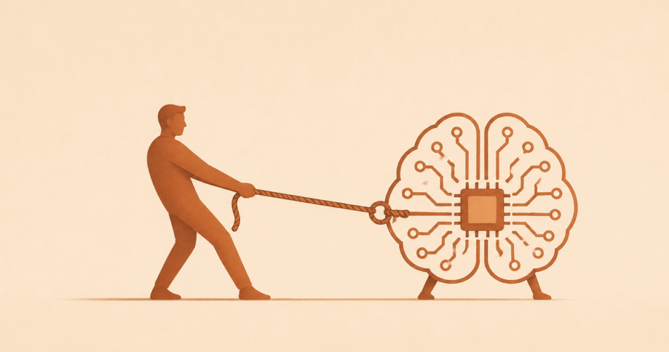 Ilustración minimalista en tonos beige y terracota de una persona tirando con una cuerda de un cerebro tecnológico con forma de circuito, simbolizando el trabajo con inteligencia artificial.