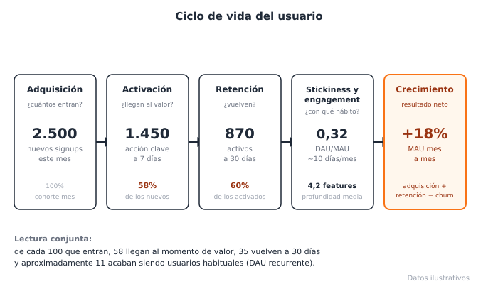 Diagrama de bloques secuencial titulado "Ciclo de vida del usuario". Muestra cinco etapas enlazadas de izquierda a derecha de la siguiente manera: 1. "Adquisición (¿cuántos entran?): 2.500 nuevos signups este mes (100% cohorte mes)"; 2. "Activación (¿llegan al valor?): 1.450 acción clave a 7 días (58% de los nuevos)"; 3. "Retención (¿vuelven?): 870 activos a 30 días (60% de los activados)"; 4. "Stickiness y engagement (¿con qué hábito?): 0,32 DAU/MAU ~10 días/mes y 4,2 features de profundidad media"; 5. Un bloque naranja destacado que indica "Crecimiento (resultado neto): +18% MAU mes a mes (adquisición + retención – churn)". En la parte inferior, una sección de "Lectura conjunta" explica textualmente que de cada 100 usuarios que entran, 58 llegan al momento de valor, 35 vuelven a 30 días y aproximadamente 11 acaban siendo usuarios habituales. En la esquina inferior derecha figura el texto "Datos ilustrativos".
