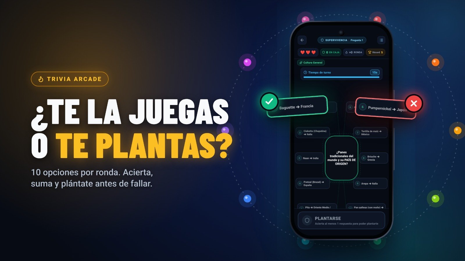 Plántate: ¿te la juegas o te plantas? Trivia arcade con diez opciones por ronda.