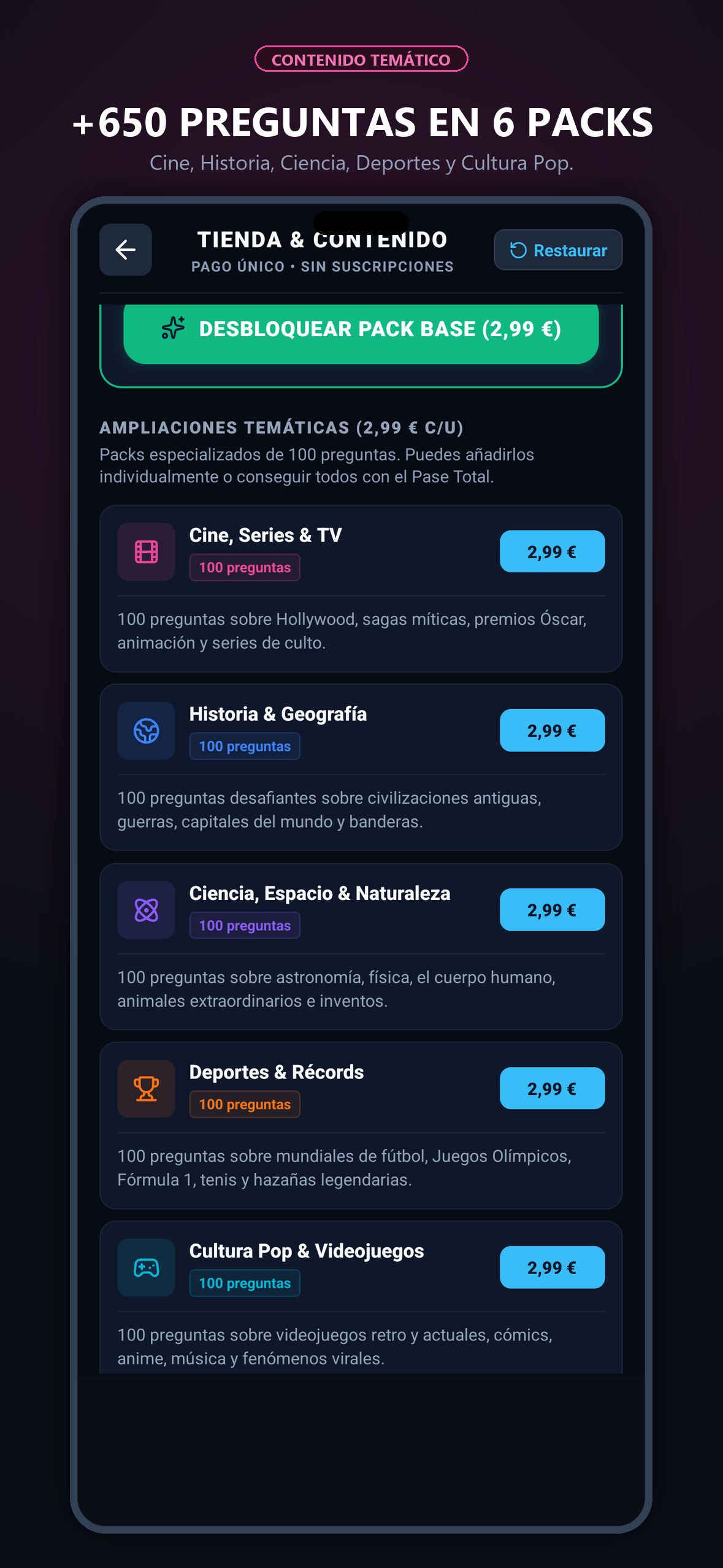 Tienda de packs temáticos: más de 650 preguntas en 6 packs