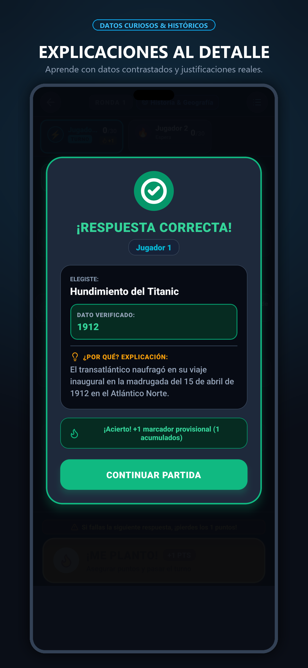 Cada pregunta te enseña algo: dato verificado y explicación en cada respuesta, aciertes o falles